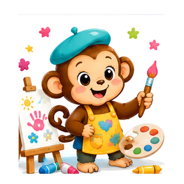 Artist Monkey painting with a brush, palette, and easel