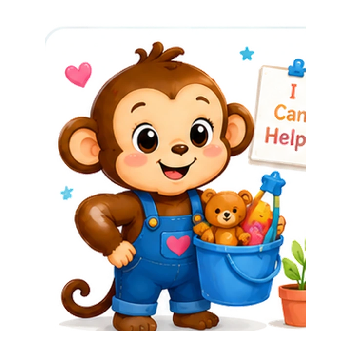 Little Helper Monkey carrying a bucket of toys and a helpful message