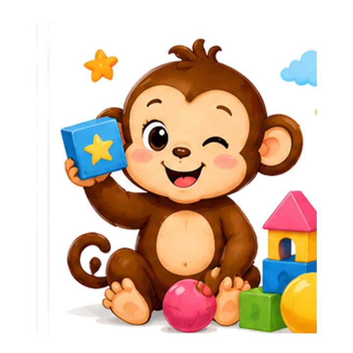Playtime Monkey smiling beside colorful blocks and toys
