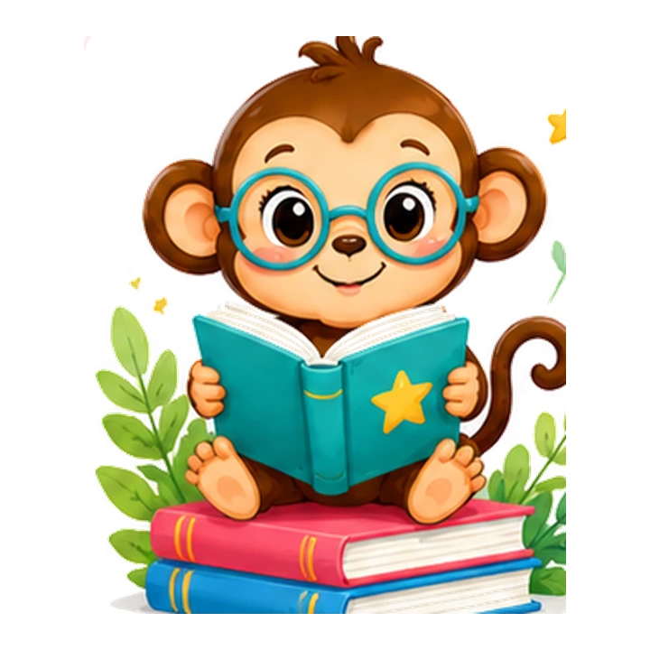 Reading Monkey wearing teal glasses and holding a book