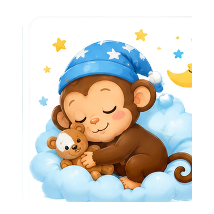 Sleepy Baby Monkey resting on a cloud while cuddling a teddy bear