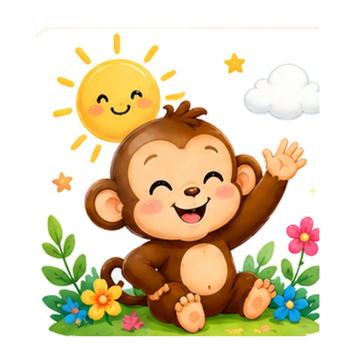 Sunshine Monkey waving beside flowers and a smiling sun